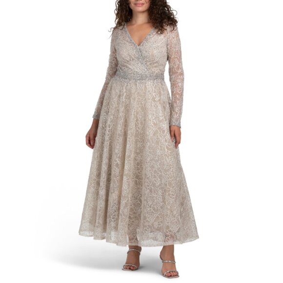 MAC DUGGAL Taupe Long Sleeve Embellished Cocktail Dress